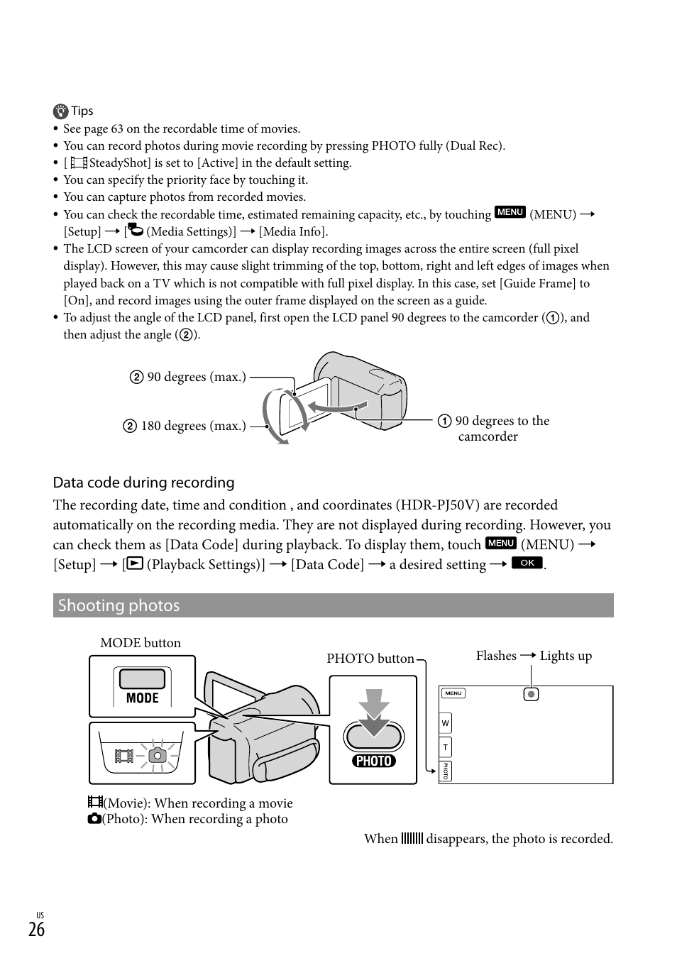 Shooting photos | Sony XR160 User Manual | Page 26 / 151