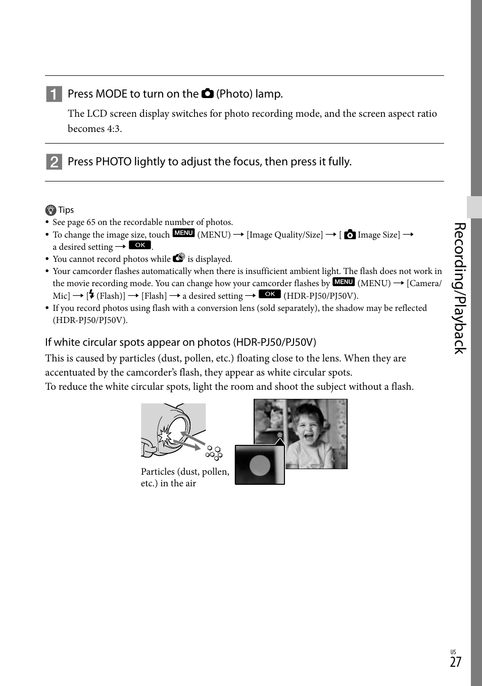 Rec or ding/p la yback | Sony XR160 User Manual | Page 27 / 151