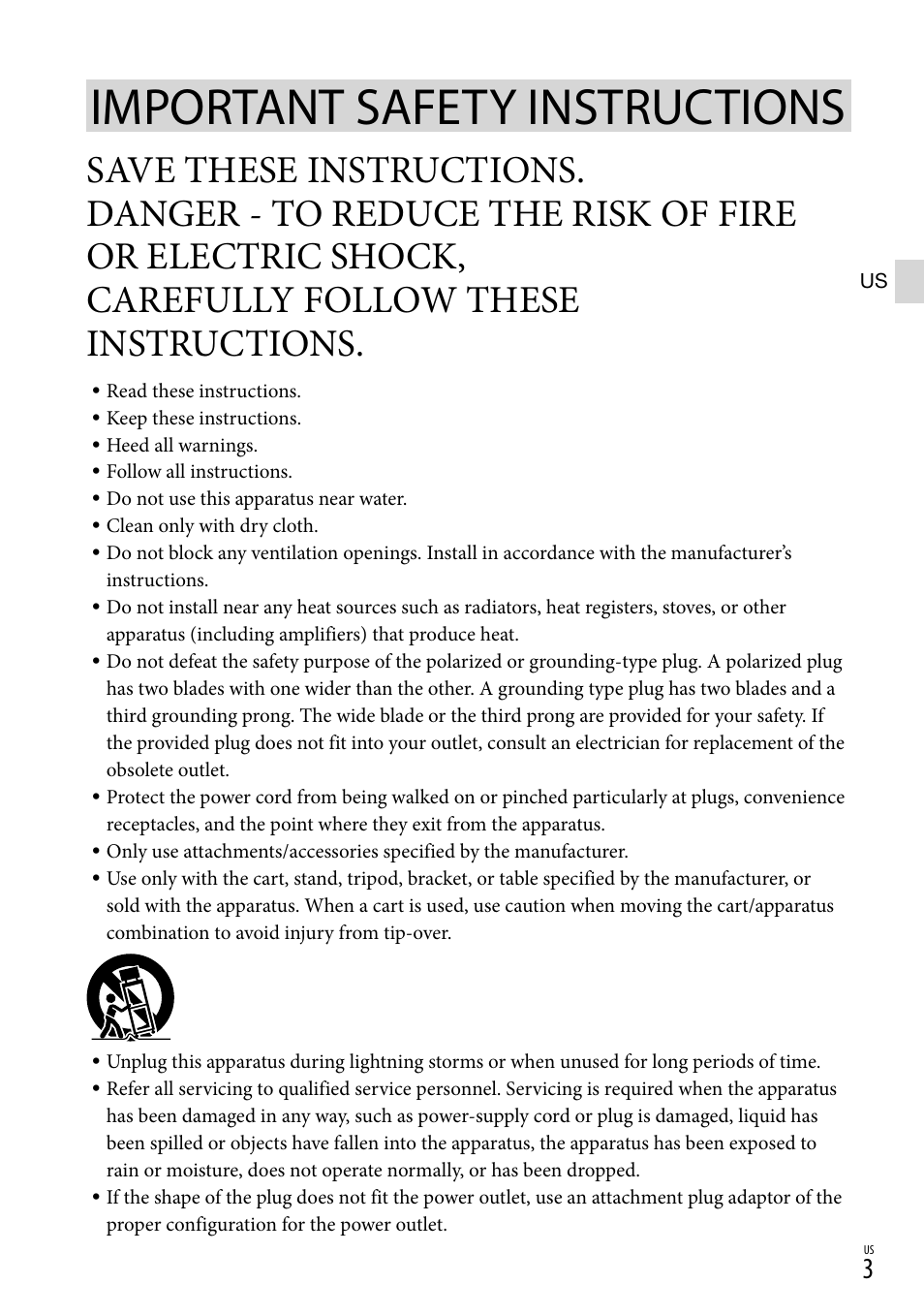 Important safety instructions, Carefully follow these instructions | Sony XR160 User Manual | Page 3 / 151