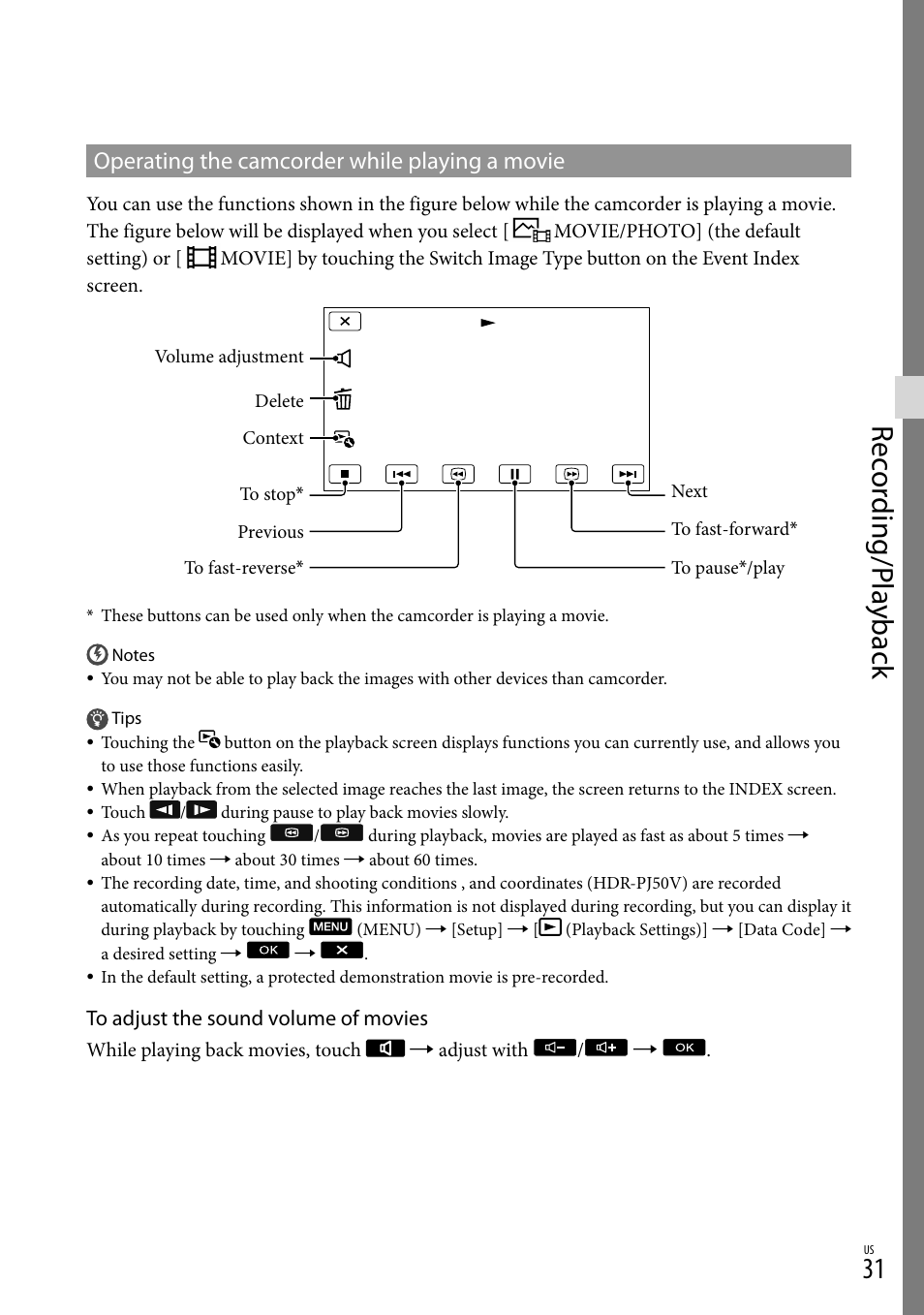Rec or ding/p la yback, Operating the camcorder while playing a movie | Sony XR160 User Manual | Page 31 / 151