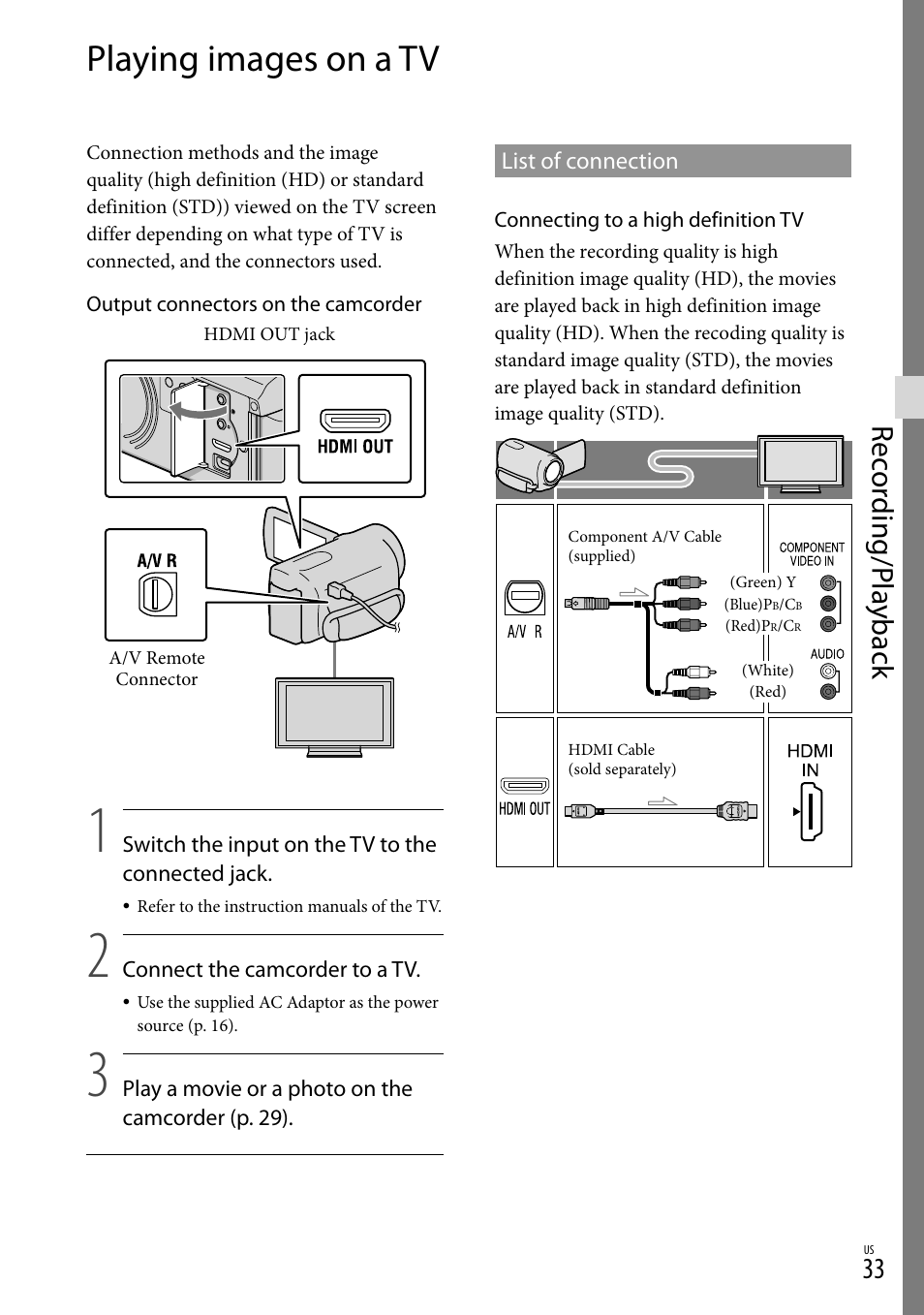 Playing images on a tv, Rec or ding/p la yback | Sony XR160 User Manual | Page 33 / 151
