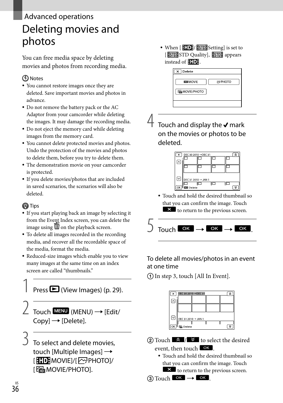 Advanced operations, Deleting movies and photos | Sony XR160 User Manual | Page 36 / 151