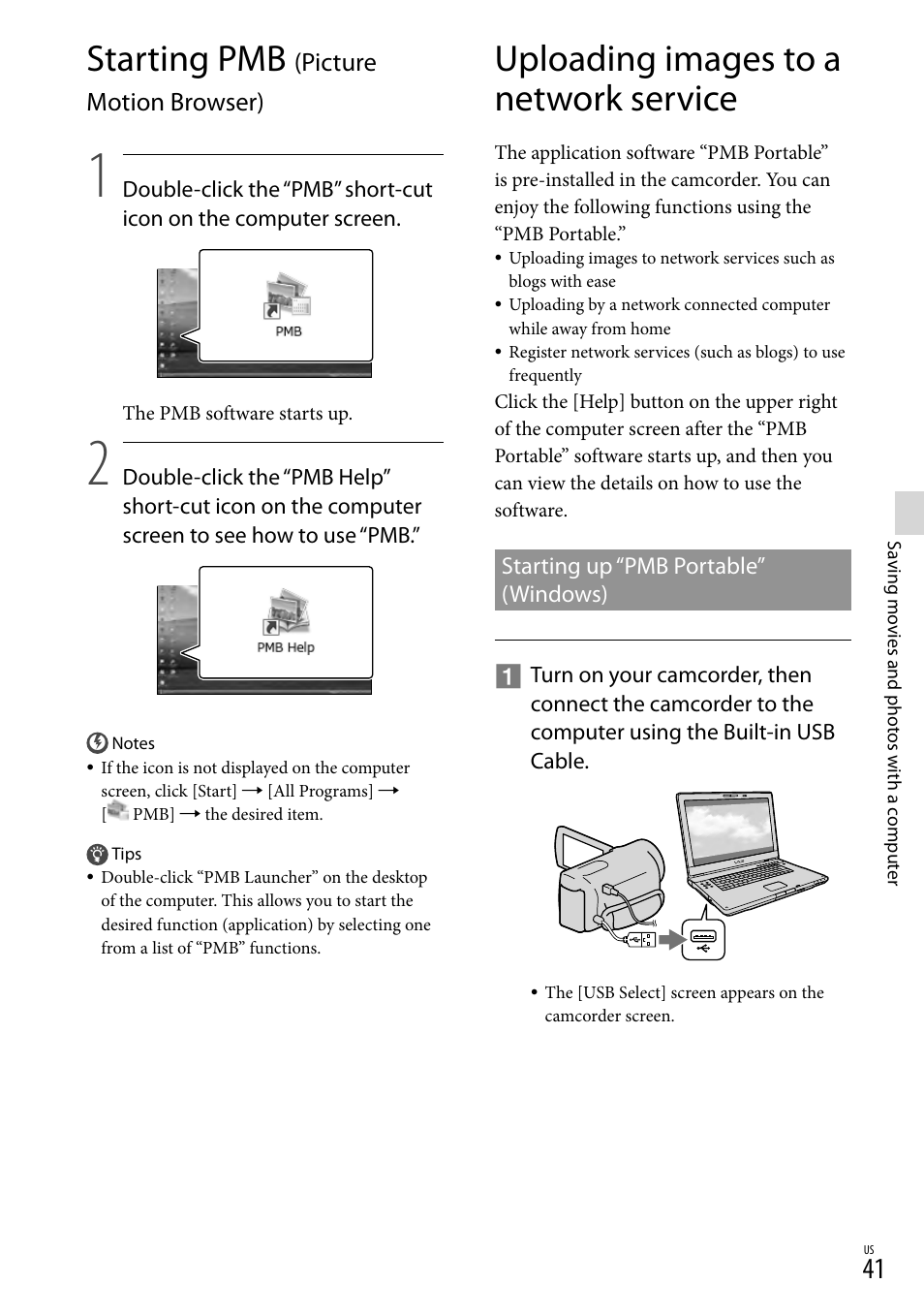 Starting pmb (picture motion browser), Uploading images to a network service, Starting pmb | Picture motion browser) | Sony XR160 User Manual | Page 41 / 151