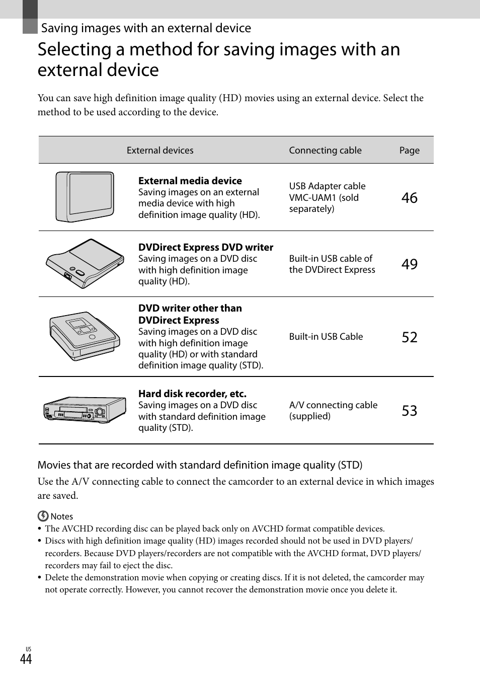 Saving images with an external device | Sony XR160 User Manual | Page 44 / 151
