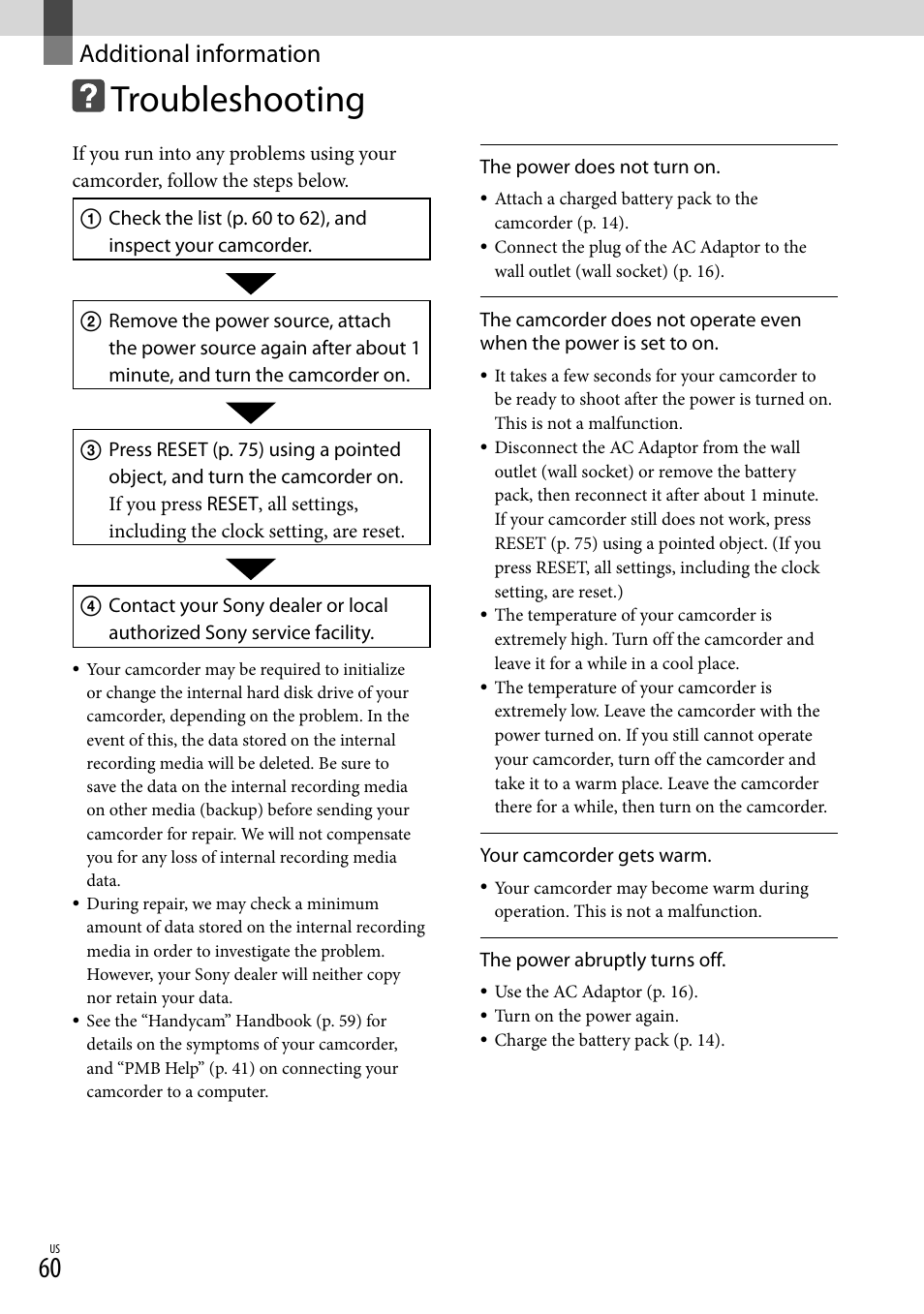 Additional information, Troubleshooting | Sony XR160 User Manual | Page 60 / 151