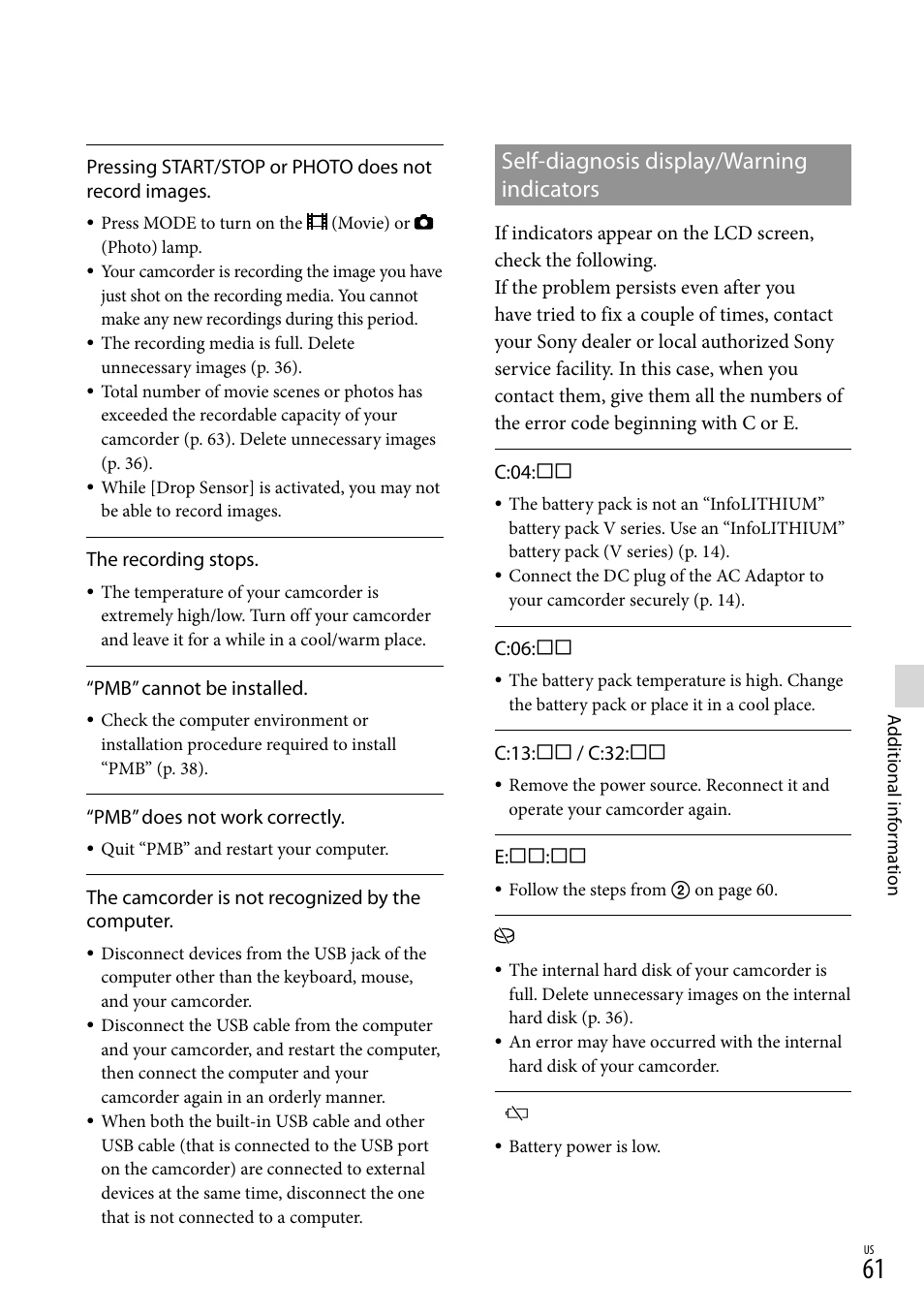 Self-diagnosis display/warning indicators | Sony XR160 User Manual | Page 61 / 151