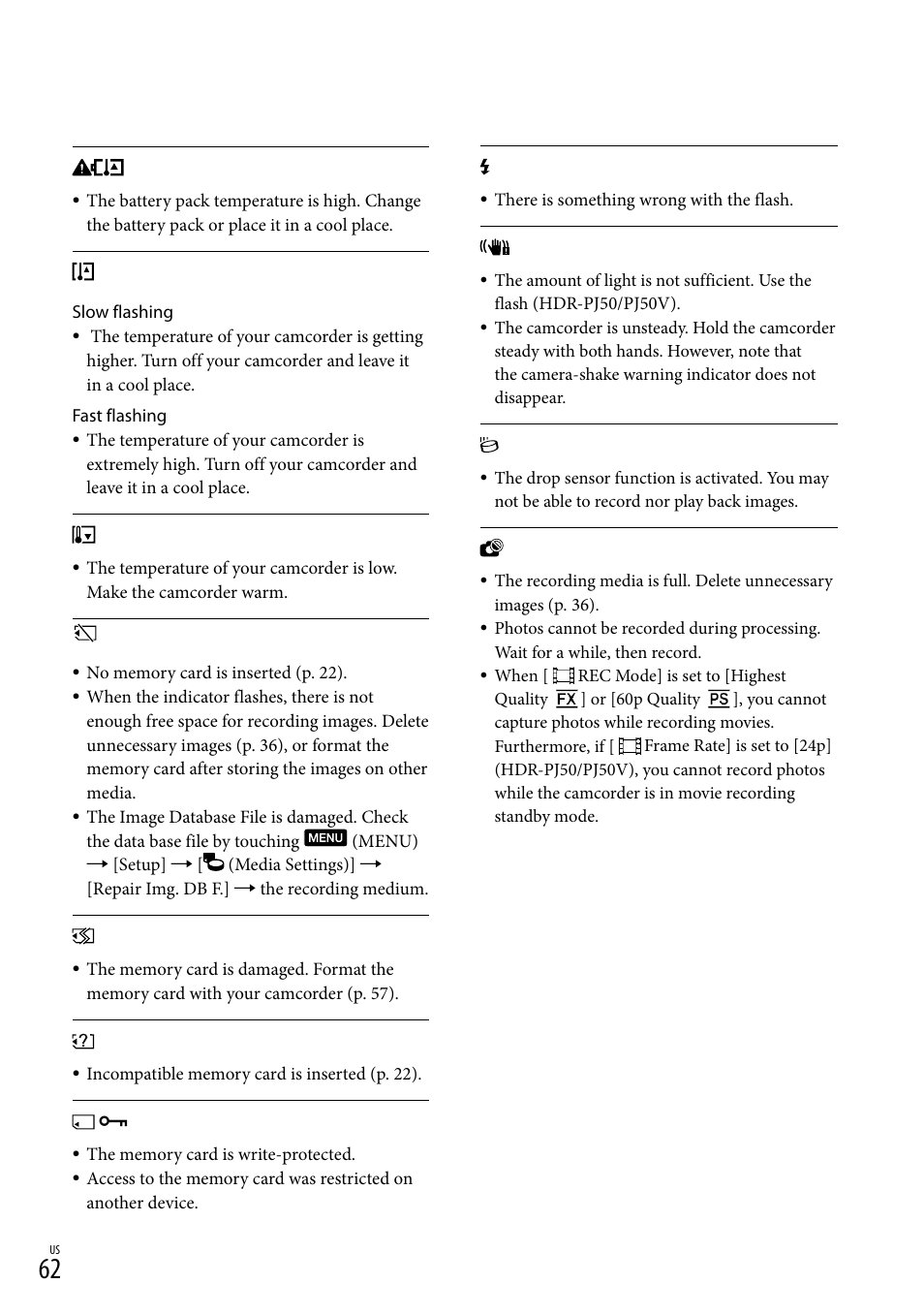 O 62), and | Sony XR160 User Manual | Page 62 / 151