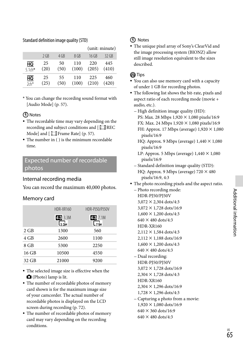 Expected number of recordable photos, Internal recording media | Sony XR160 User Manual | Page 65 / 151