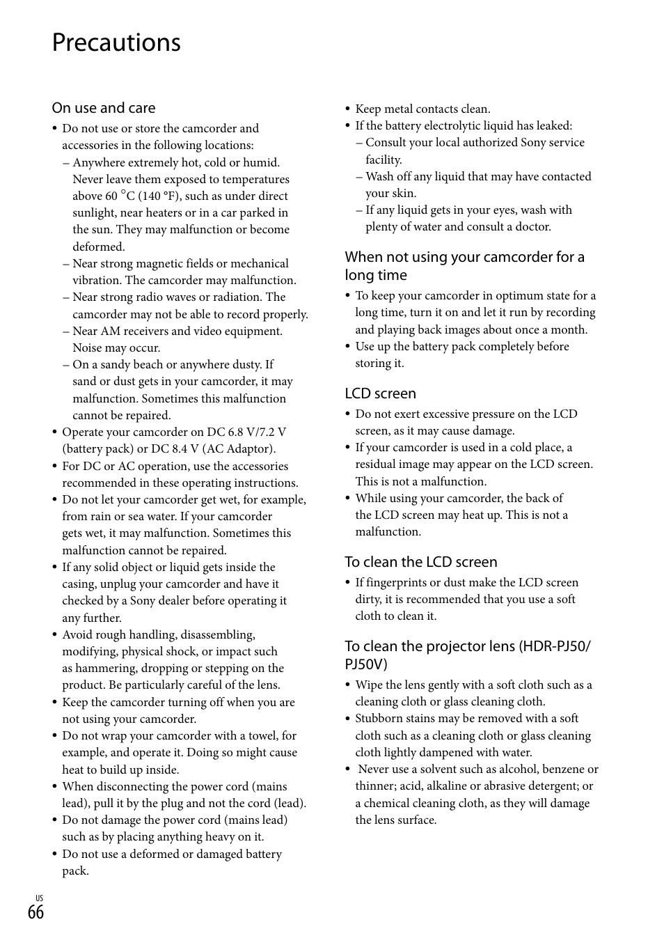 Precautions, On use and care, When not using your camcorder for a long time | Lcd screen | Sony XR160 User Manual | Page 66 / 151