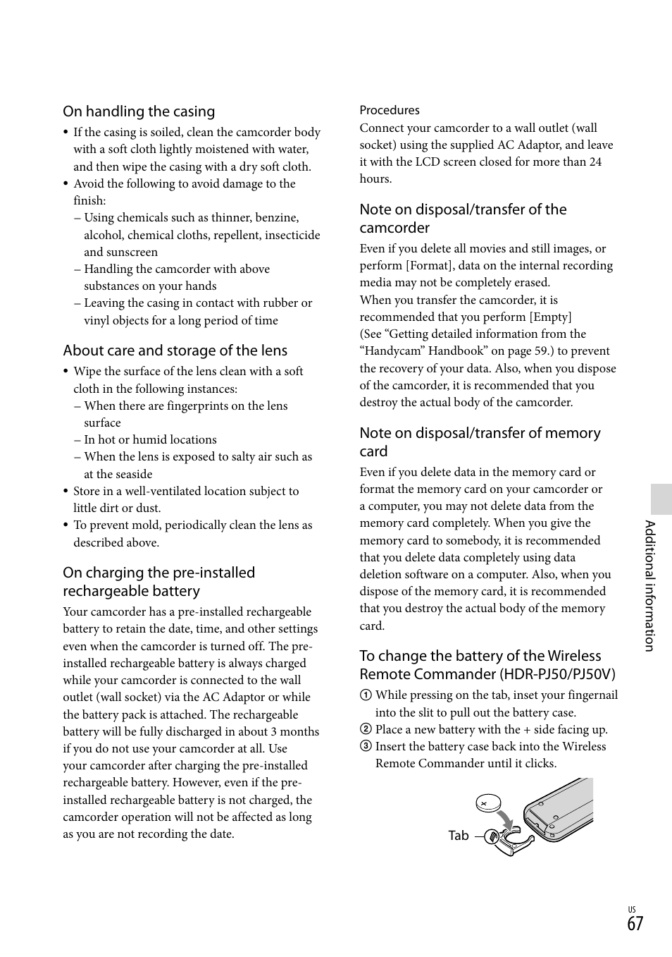 On handling the casing, About care and storage of the lens, On charging the pre-installed rechargeable battery | Sony XR160 User Manual | Page 67 / 151
