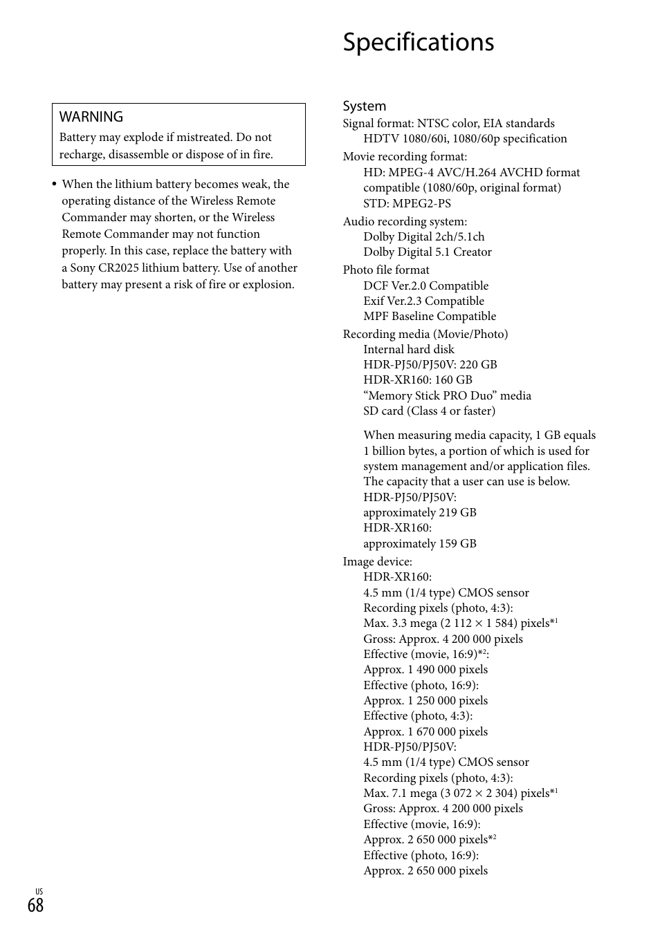 Specifications, Warning | Sony XR160 User Manual | Page 68 / 151