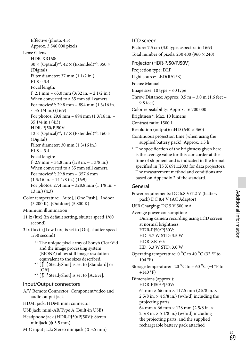 Input/output connectors, Lcd screen, Projector (hdr-pj50/pj50v) | General | Sony XR160 User Manual | Page 69 / 151