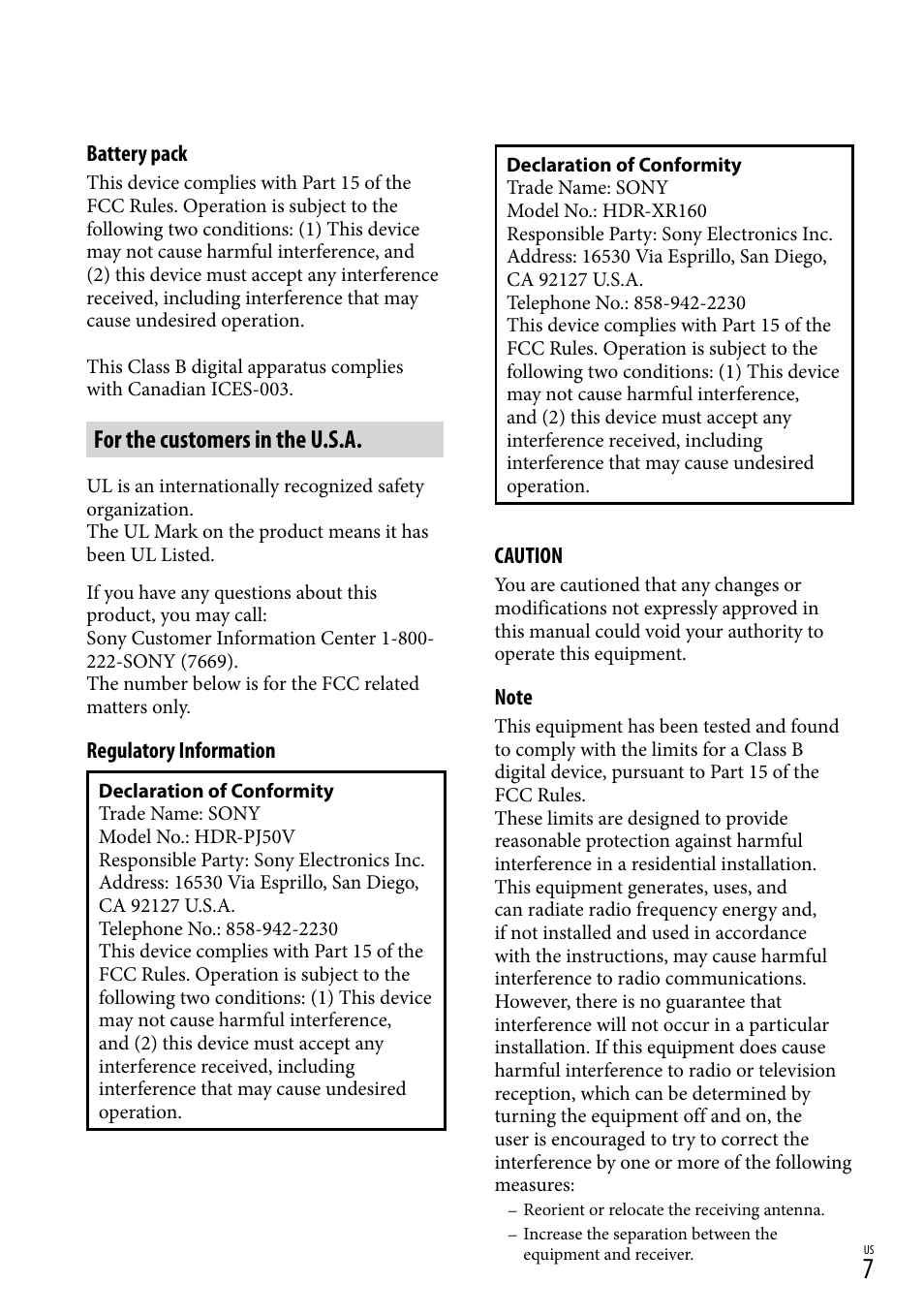 For the customers in the u.s.a | Sony XR160 User Manual | Page 7 / 151