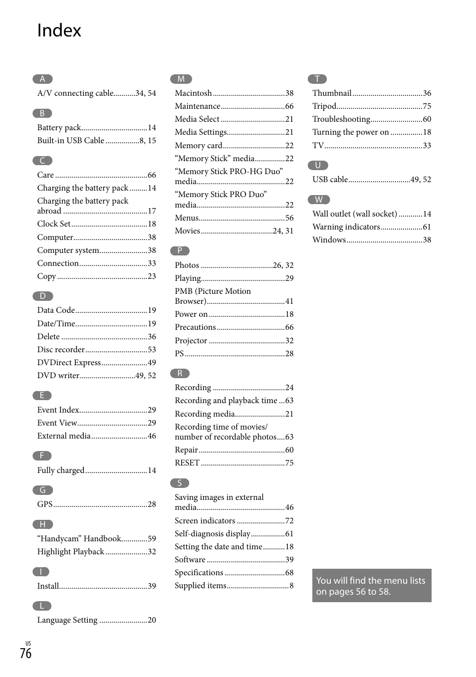 Index | Sony XR160 User Manual | Page 76 / 151