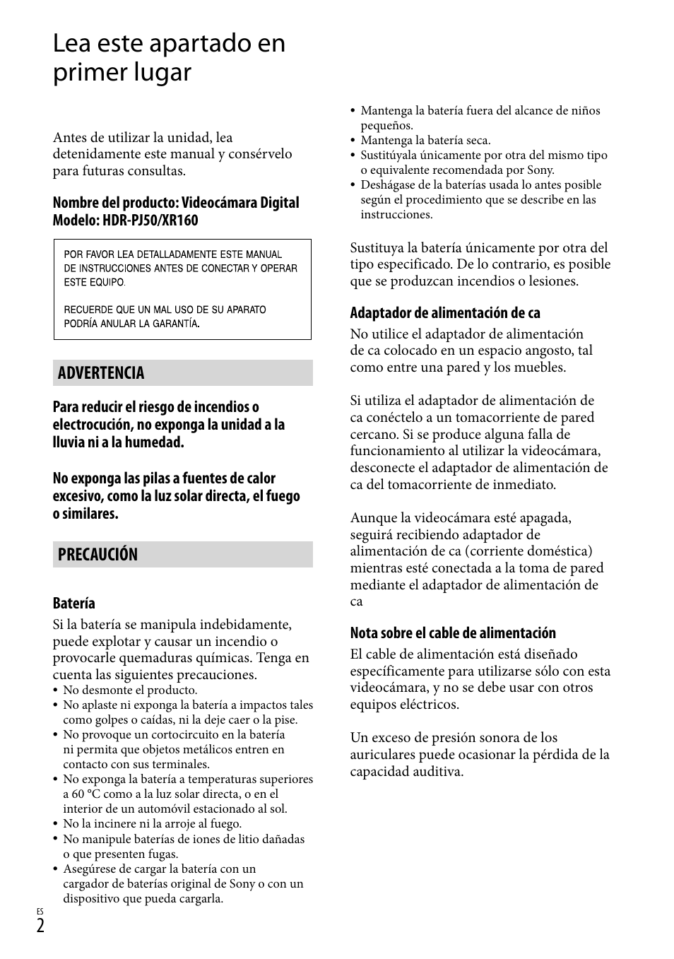 Lea este apartado en primer lugar, Advertencia, Precaución | Sony XR160 User Manual | Page 78 / 151