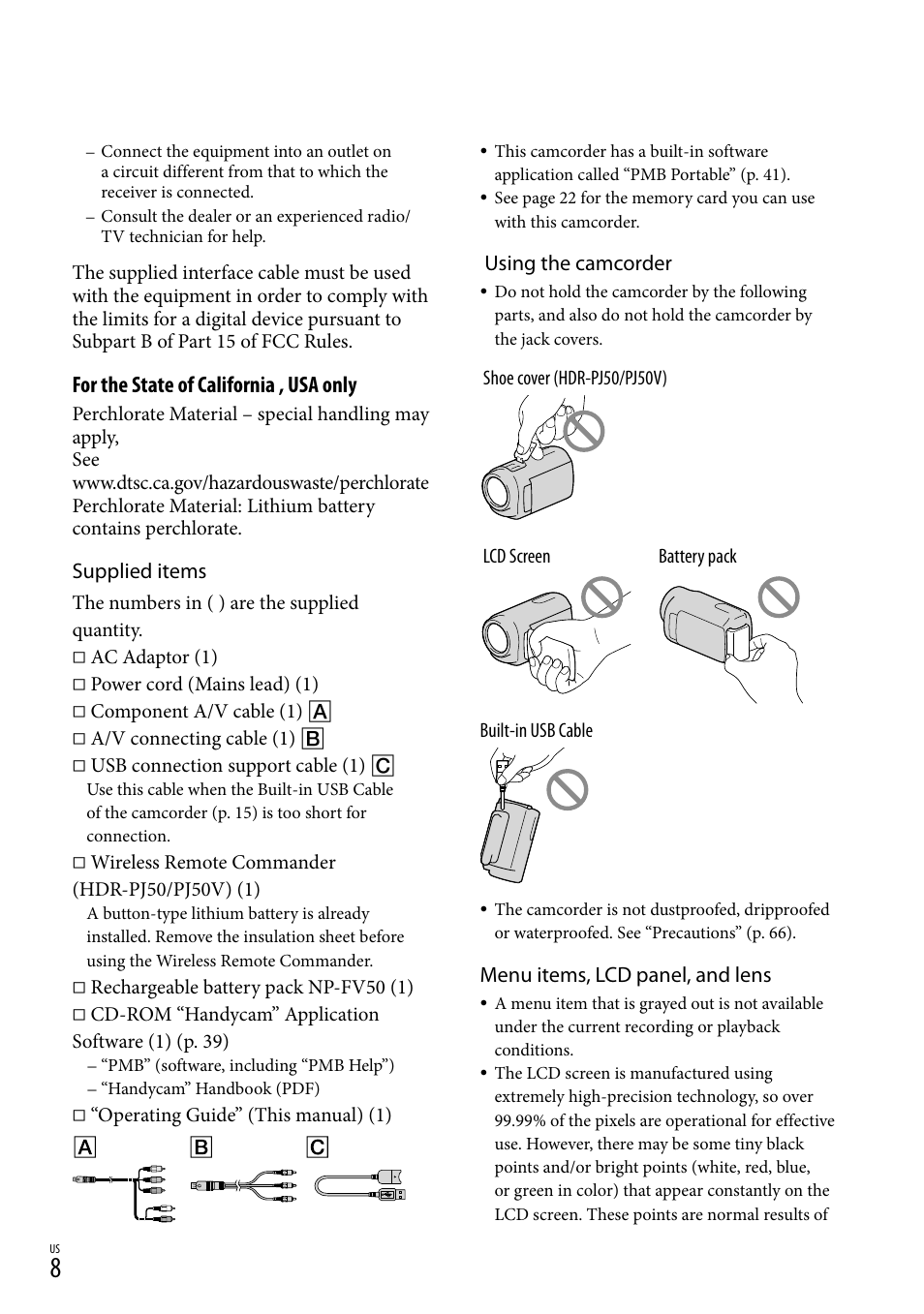 For the state of california , usa only, Supplied items, Using the camcorder | Menu items, lcd panel, and lens | Sony XR160 User Manual | Page 8 / 151