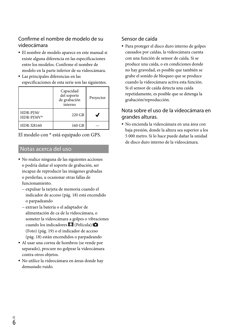 Notas acerca del uso, Confirme el nombre de modelo de su videocámara, Sensor de caída | Sony XR160 User Manual | Page 82 / 151