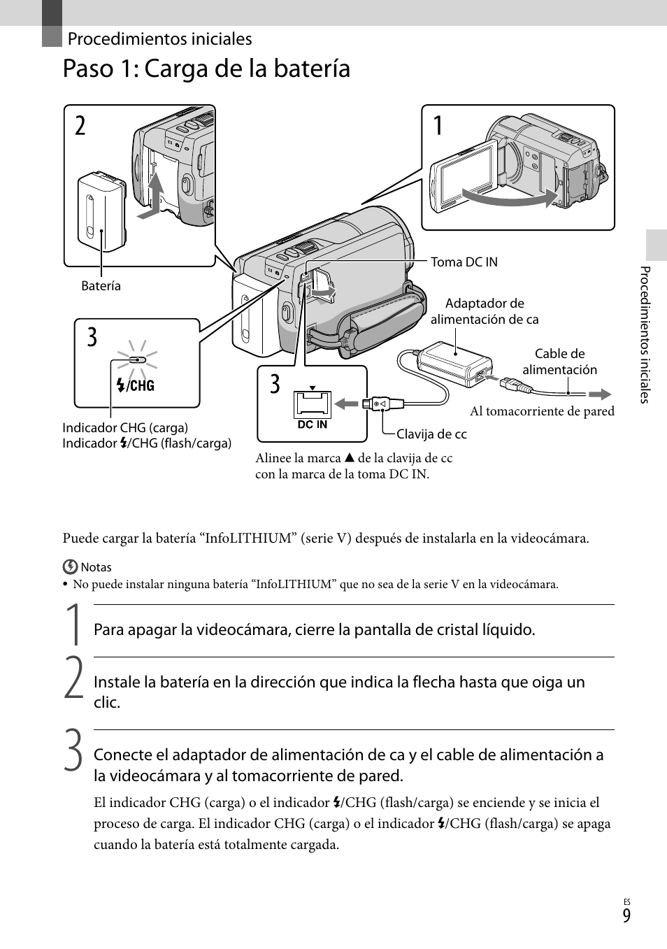 Procedimientos iniciales, Paso 1: carga de la batería | Sony XR160 User Manual | Page 85 / 151