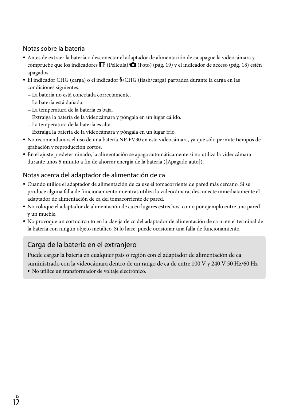Carga de la batería en el extranjero, Notas sobre la batería, Notas acerca del adaptador de alimentación de ca | Sony XR160 User Manual | Page 88 / 151