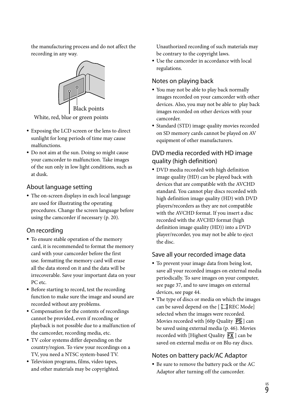 About language setting, On recording, Save all your recorded image data | Sony XR160 User Manual | Page 9 / 151