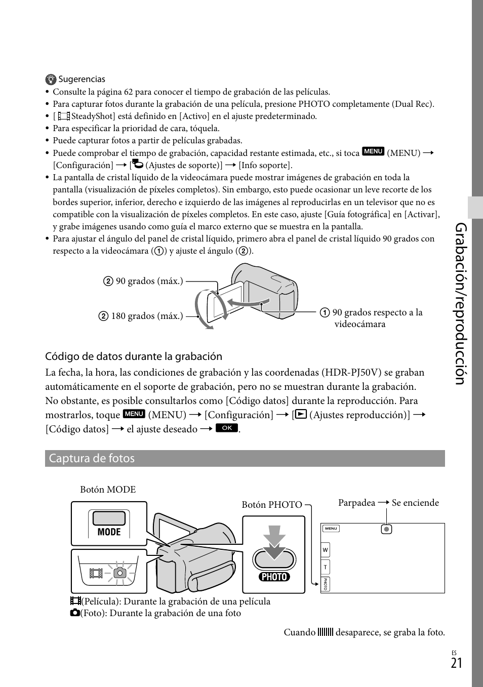 Gr abación/r epr oduc ción, Captura de fotos | Sony XR160 User Manual | Page 97 / 151