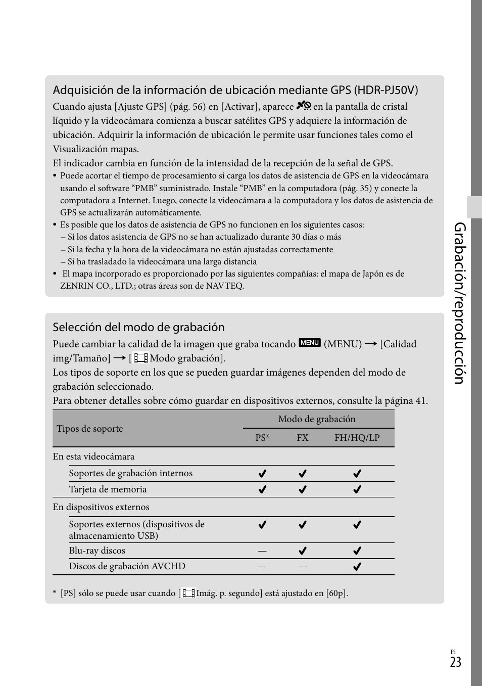 Selección del modo de grabación, Hdr-pj50v) selección del modo de grabación, Gr abación/r epr oduc ción | Sony XR160 User Manual | Page 99 / 151