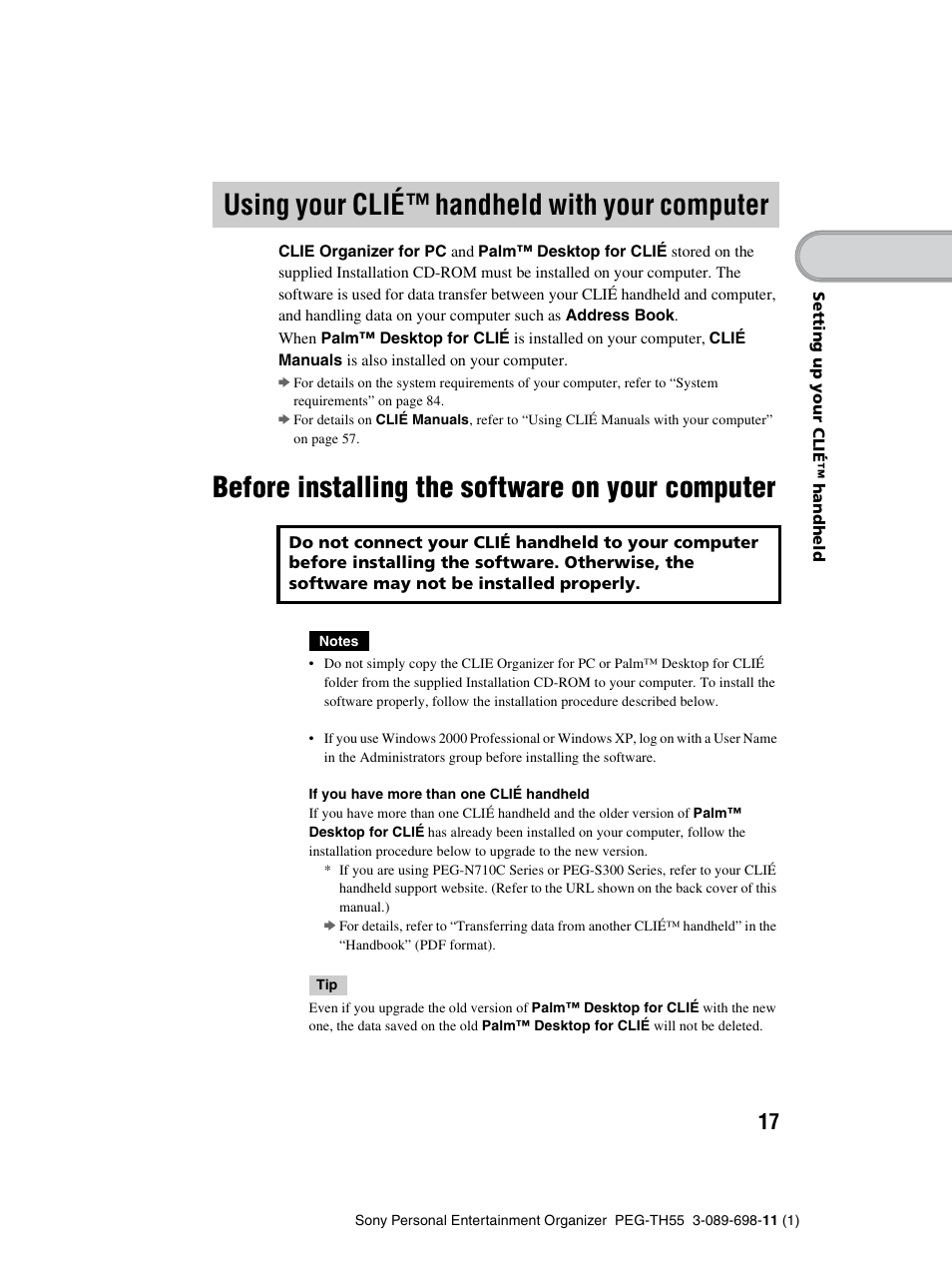 Using your clié™ handheld with your computer, Before installing the software on your computer, Using your clié™ handheld with | Your computer, Before installing the software on | Sony PEG-TH55 User Manual | Page 17 / 104