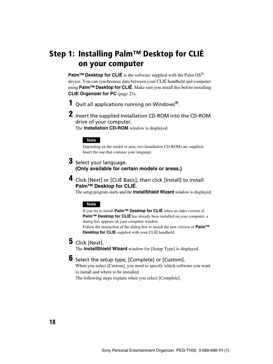 Step 1: installing palm™ desktop for clié on, Your computer | Sony PEG-TH55 User Manual | Page 18 / 104