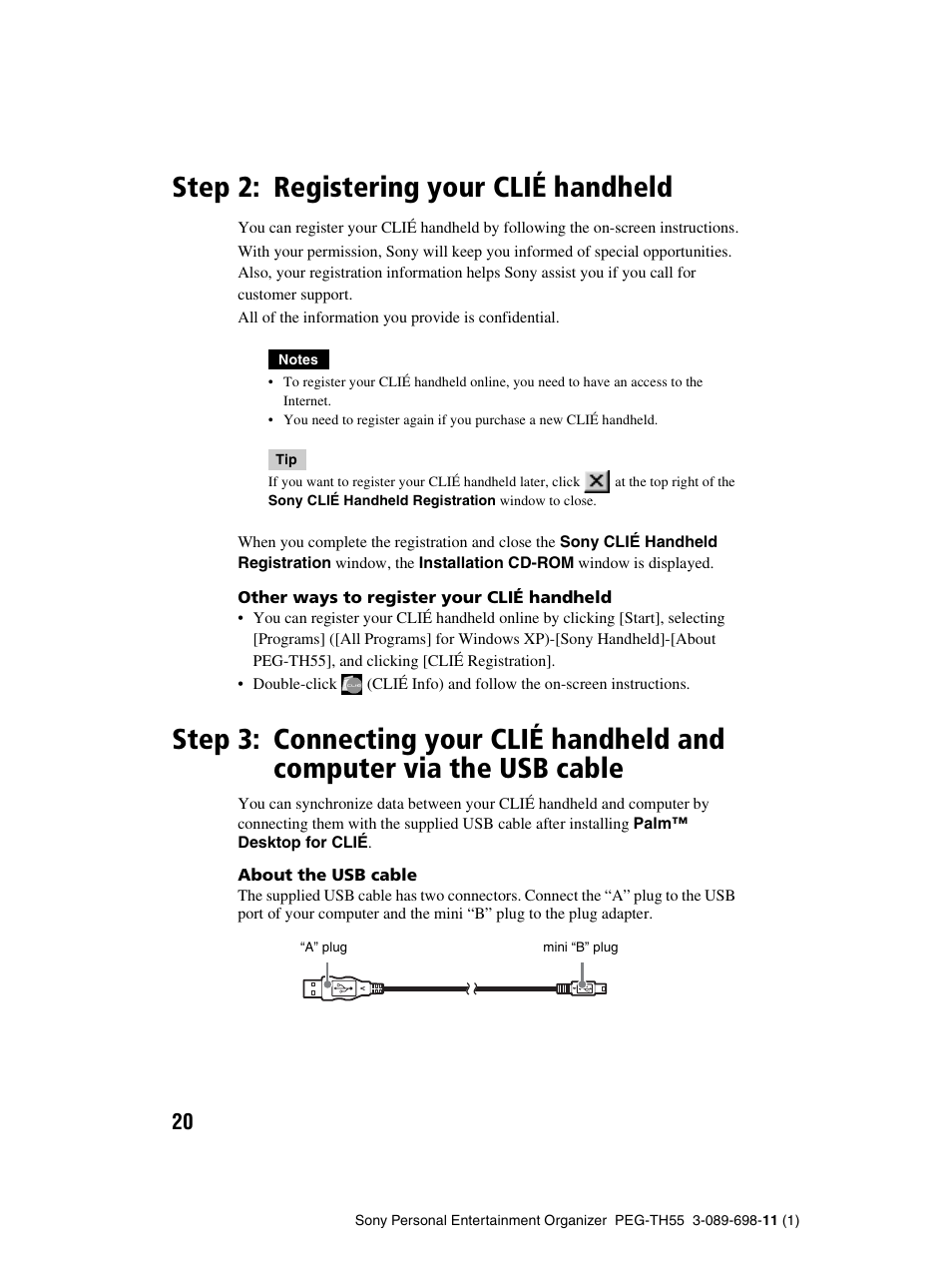 Step 2: registering your clié handheld, Step 3: connecting your clié handheld and, Computer via the usb cable | Sony PEG-TH55 User Manual | Page 20 / 104