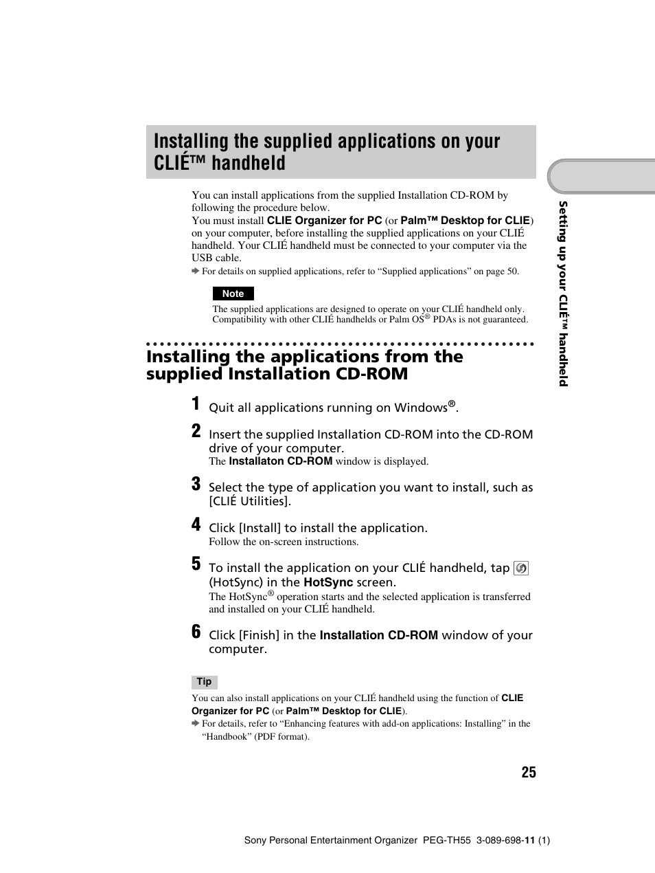 Installing the supplied applications, On your clié™ handheld | Sony PEG-TH55 User Manual | Page 25 / 104