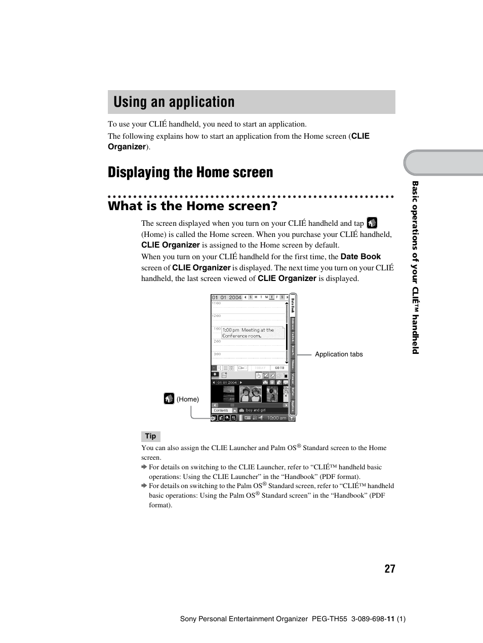 Using an application, Displaying the home screen, What is the home screen | Sony PEG-TH55 User Manual | Page 27 / 104