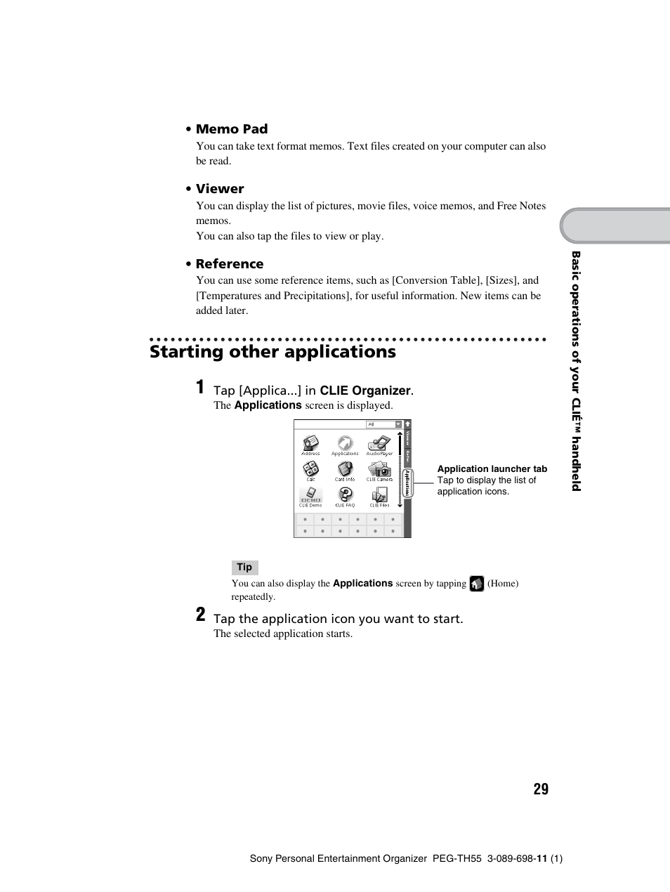 Starting other applications | Sony PEG-TH55 User Manual | Page 29 / 104