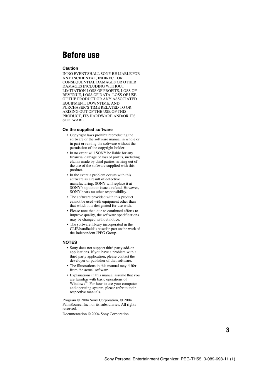 Before use | Sony PEG-TH55 User Manual | Page 3 / 104