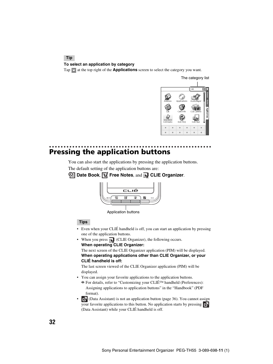 Pressing the application buttons | Sony PEG-TH55 User Manual | Page 32 / 104
