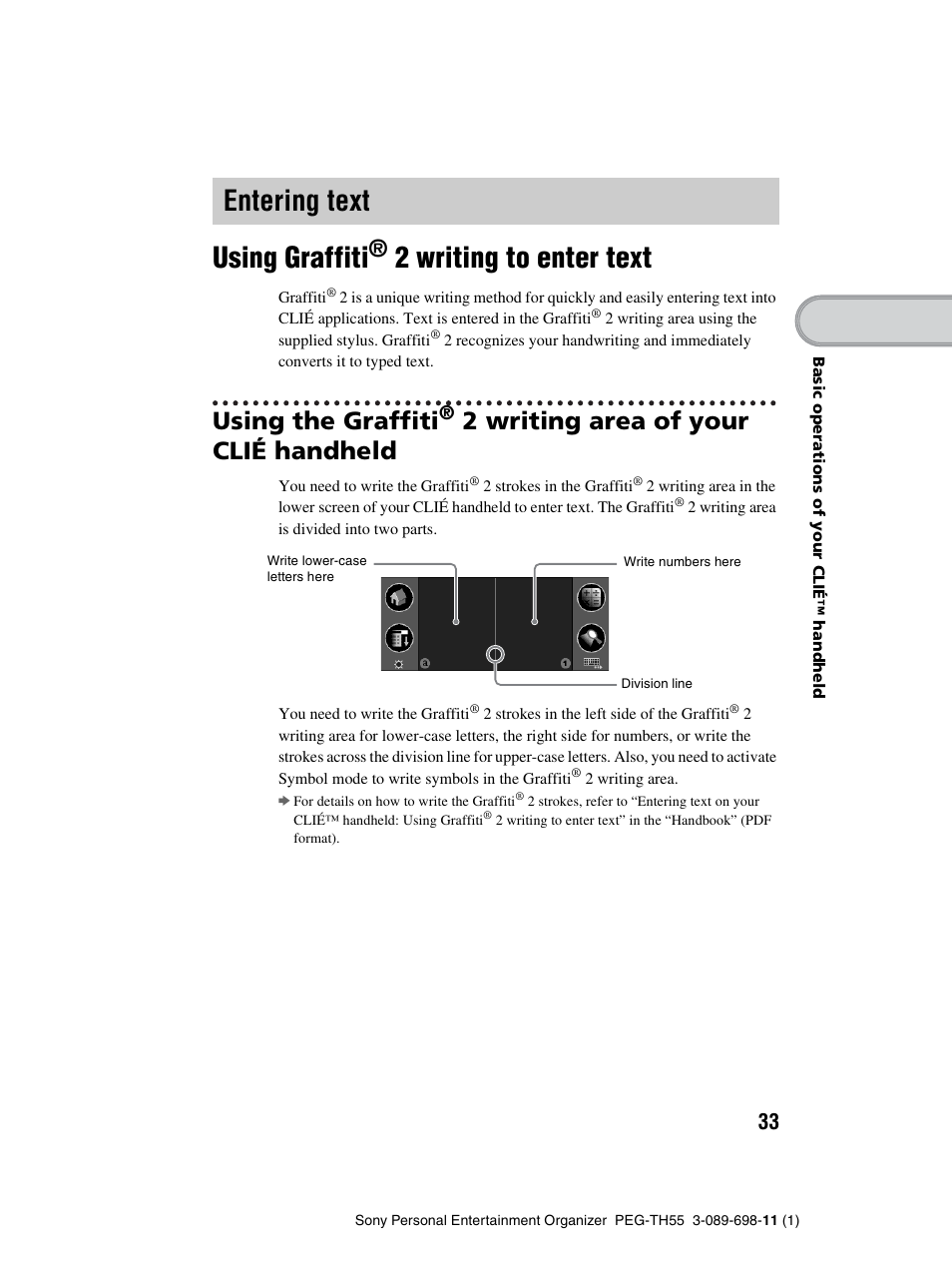 Entering text, Using graffiti® 2 writing to enter text, Using graffiti | 2 writing to enter text, Using the graffiti, 2 writing area of your clié handheld | Sony PEG-TH55 User Manual | Page 33 / 104