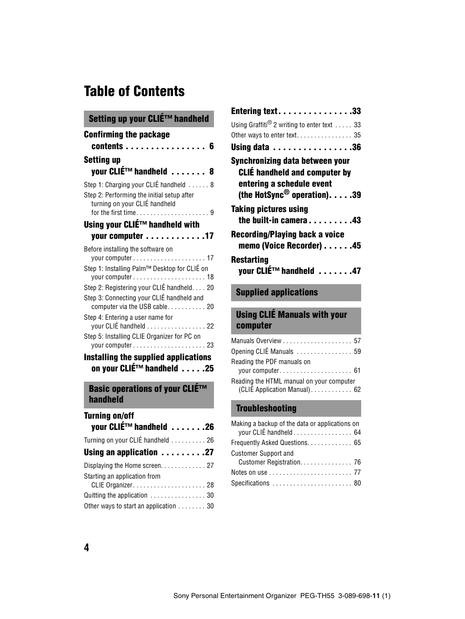 Sony PEG-TH55 User Manual | Page 4 / 104