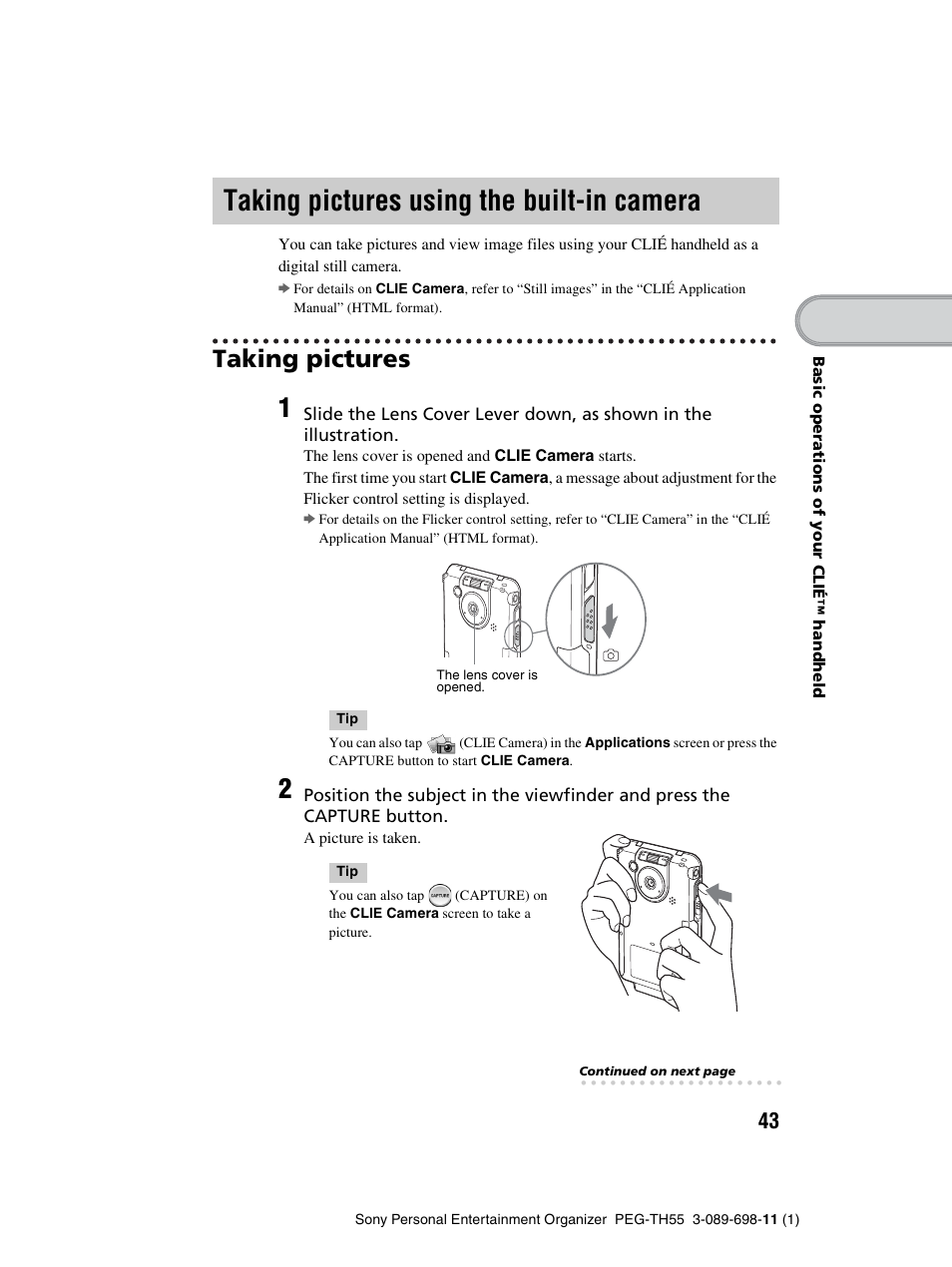 Taking pictures using the built-in camera, Taking pictures, Taking pictures using | The built-in camera | Sony PEG-TH55 User Manual | Page 43 / 104