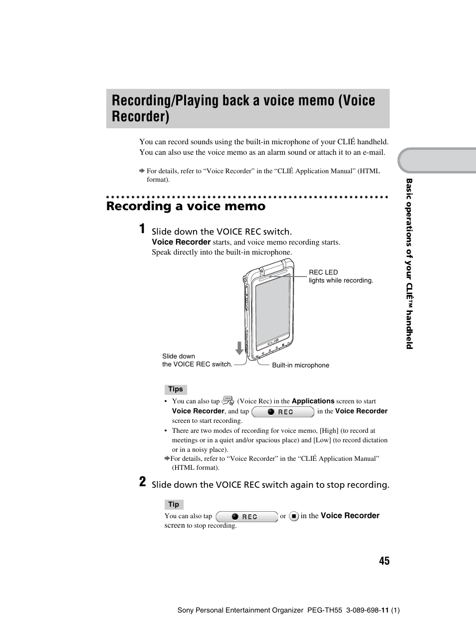 Recording a voice memo, Recording/playing back a voice, Memo (voice recorder) | Sony PEG-TH55 User Manual | Page 45 / 104