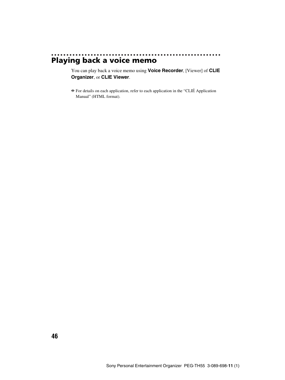 Playing back a voice memo | Sony PEG-TH55 User Manual | Page 46 / 104