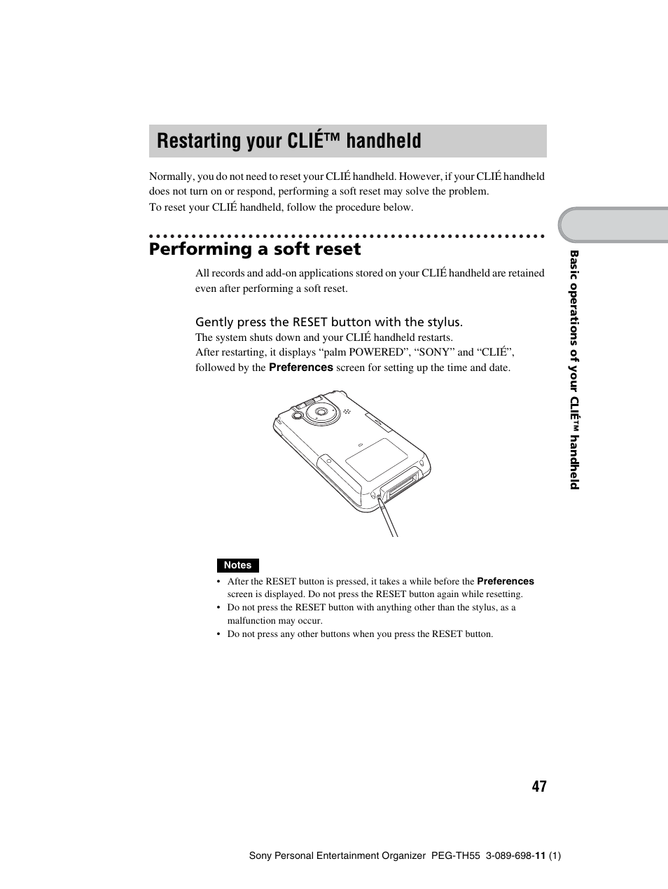 Restarting your clié™ handheld, Performing a soft reset, Restarting | Your clié™ handheld | Sony PEG-TH55 User Manual | Page 47 / 104