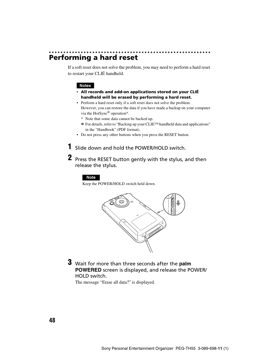 Performing a hard reset | Sony PEG-TH55 User Manual | Page 48 / 104