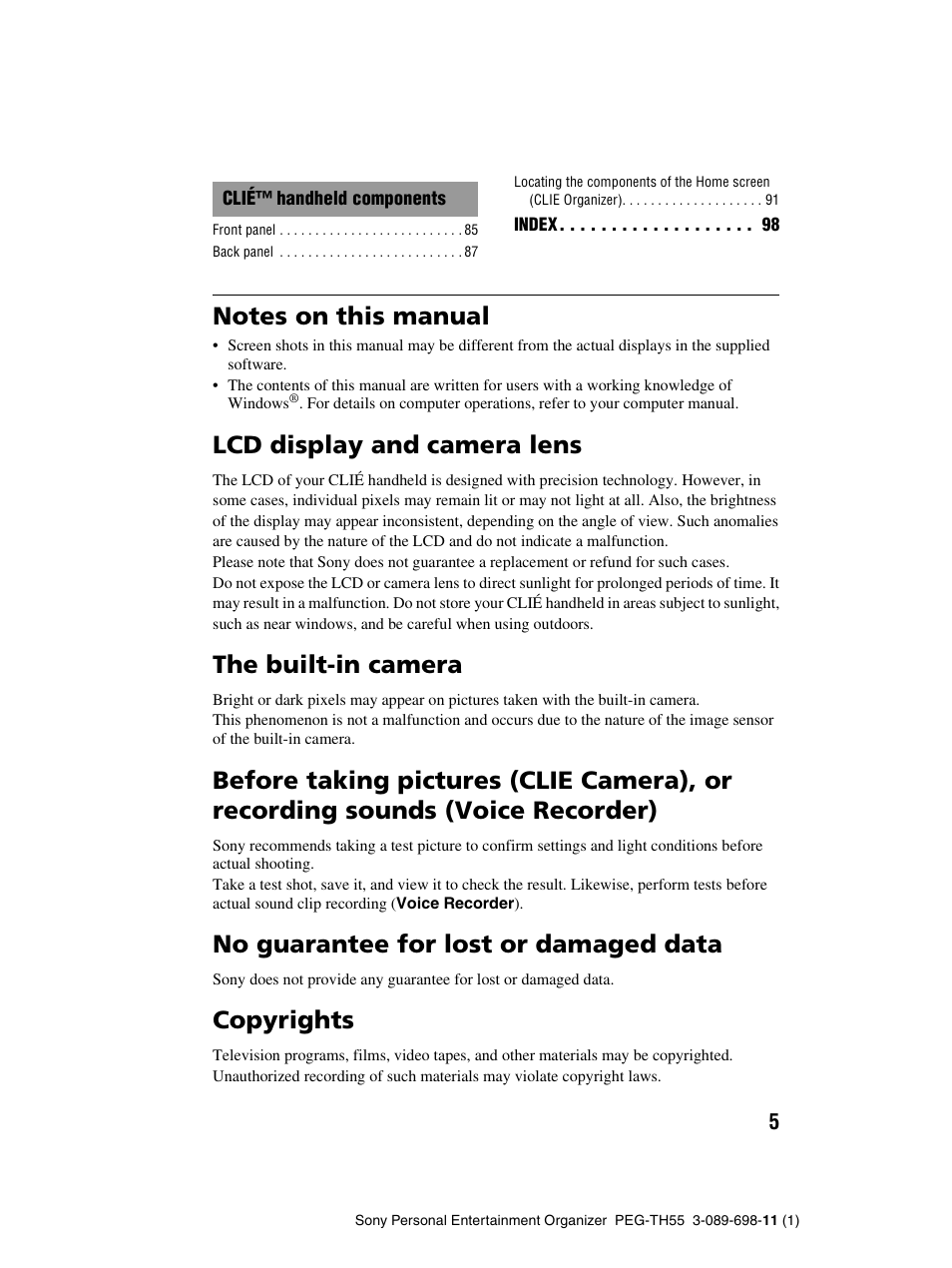 Notes on this manual, Lcd display and camera lens, The built-in camera | No guarantee for lost or damaged data, Copyrights | Sony PEG-TH55 User Manual | Page 5 / 104