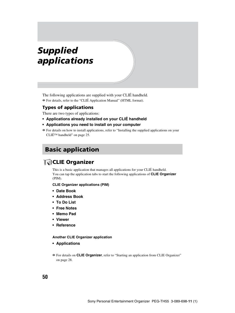 Supplied applications, Basic application, Clie organizer | Sony PEG-TH55 User Manual | Page 50 / 104