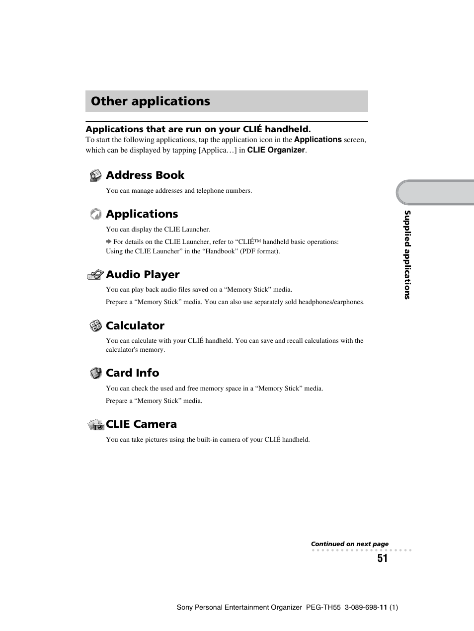 Other applications, Address book, Applications | Audio player, Calculator, Card info, Clie camera | Sony PEG-TH55 User Manual | Page 51 / 104