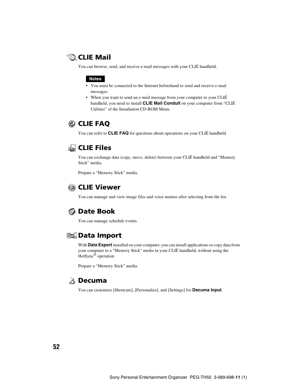 Clie mail, Clie faq, Clie files | Clie viewer, Date book, Data import, Decuma | Sony PEG-TH55 User Manual | Page 52 / 104