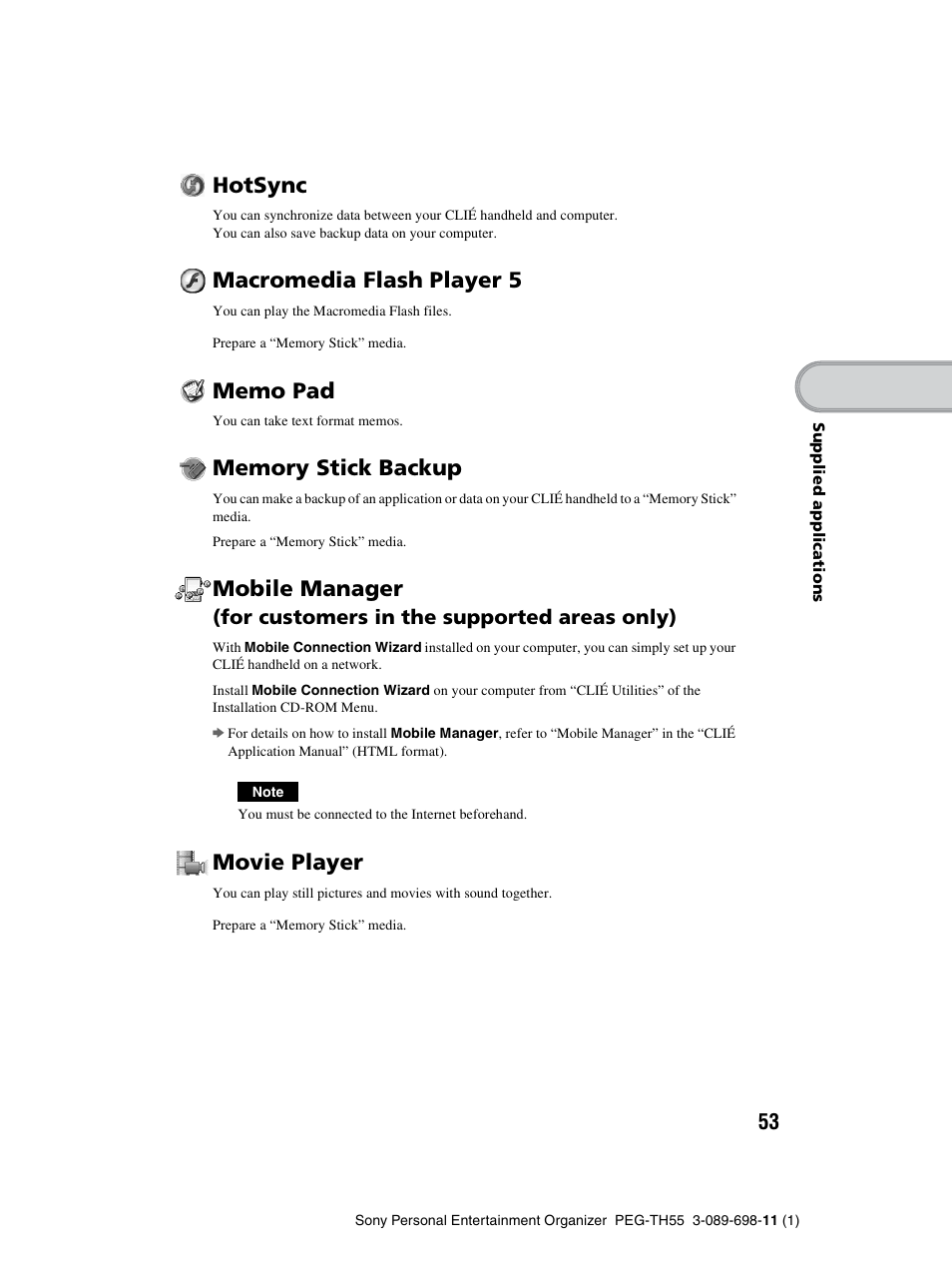 Hotsync, Macromedia flash player 5, Mobile manager | Movie player | Sony PEG-TH55 User Manual | Page 53 / 104