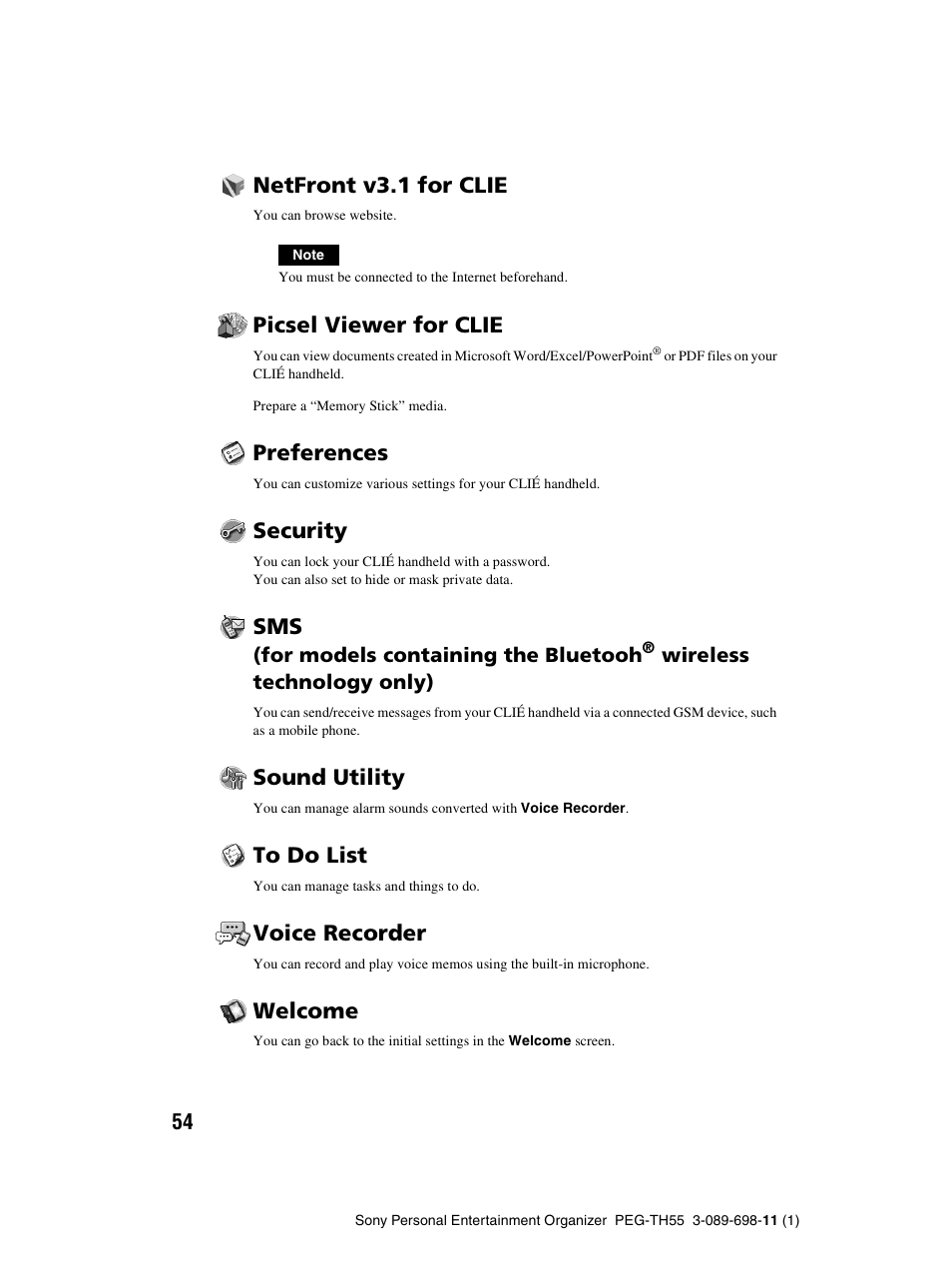 Netfront v3.1 for clie, Picsel viewer for clie, Preferences | Security, Sound utility, Voice recorder, Welcome | Sony PEG-TH55 User Manual | Page 54 / 104