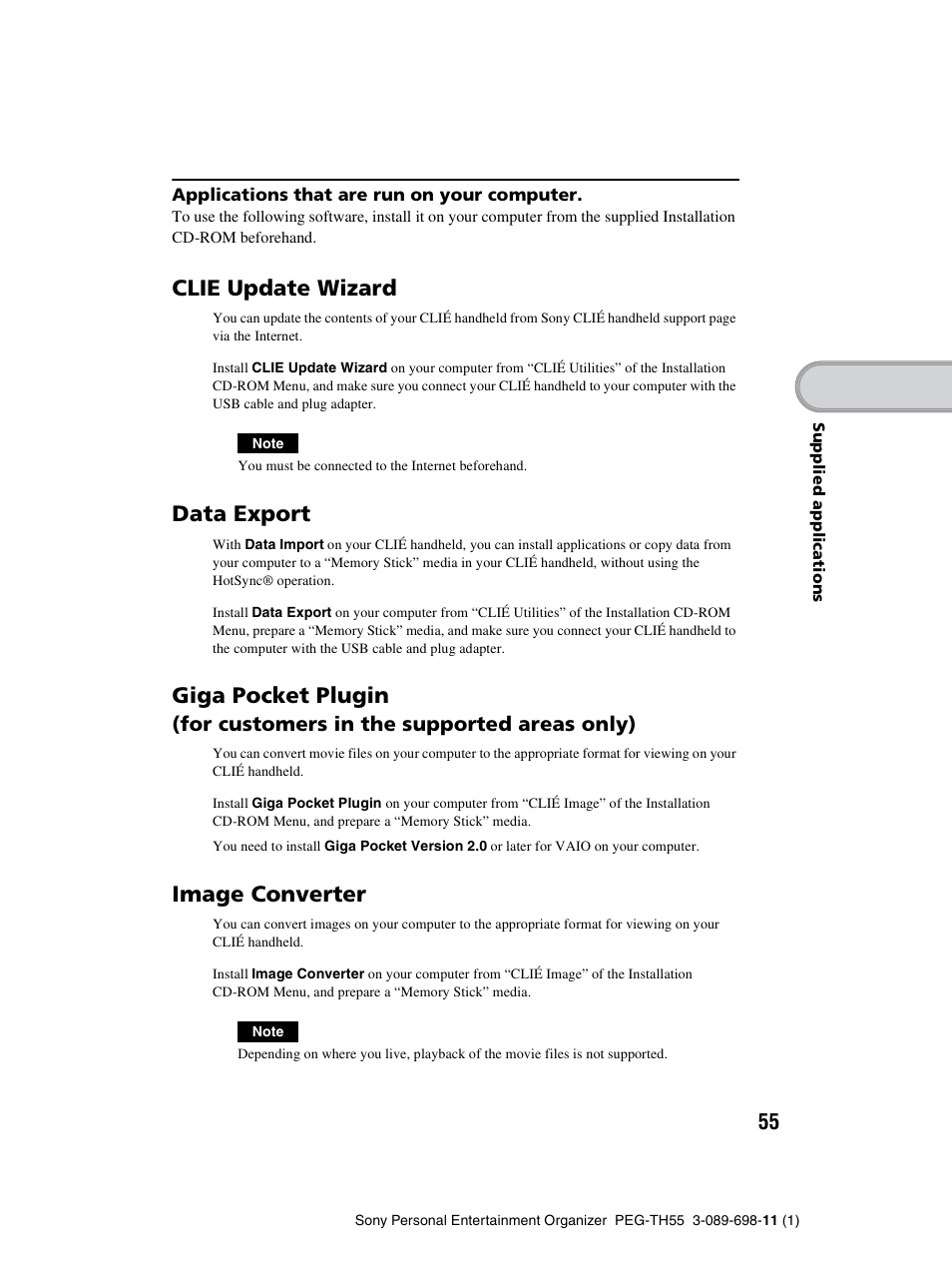 Clie update wizard, Data export, Giga pocket plugin | Image converter, For customers in the supported areas only) | Sony PEG-TH55 User Manual | Page 55 / 104