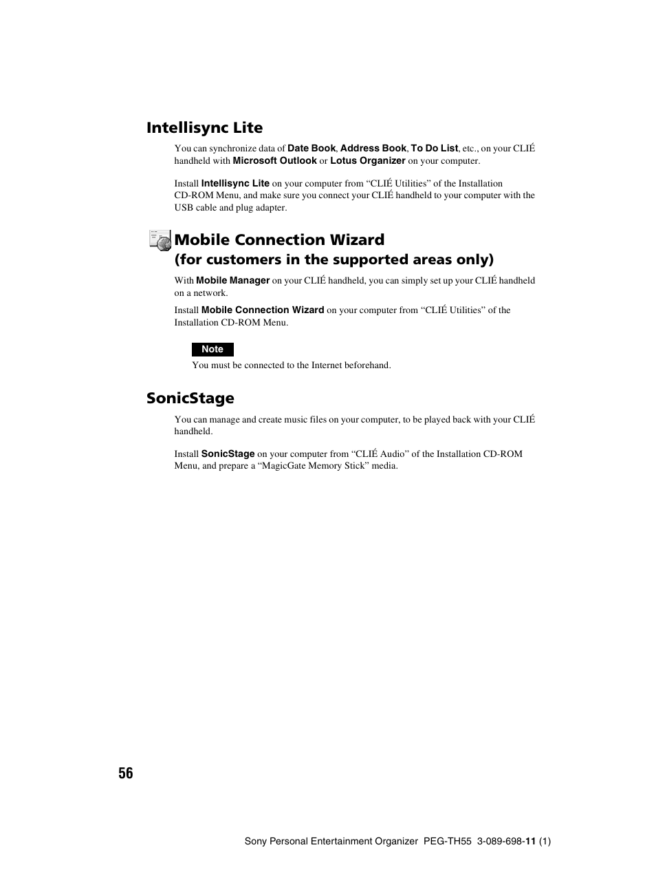 Intellisync lite, Mobile connection wizard, Sonicstage | Sony PEG-TH55 User Manual | Page 56 / 104