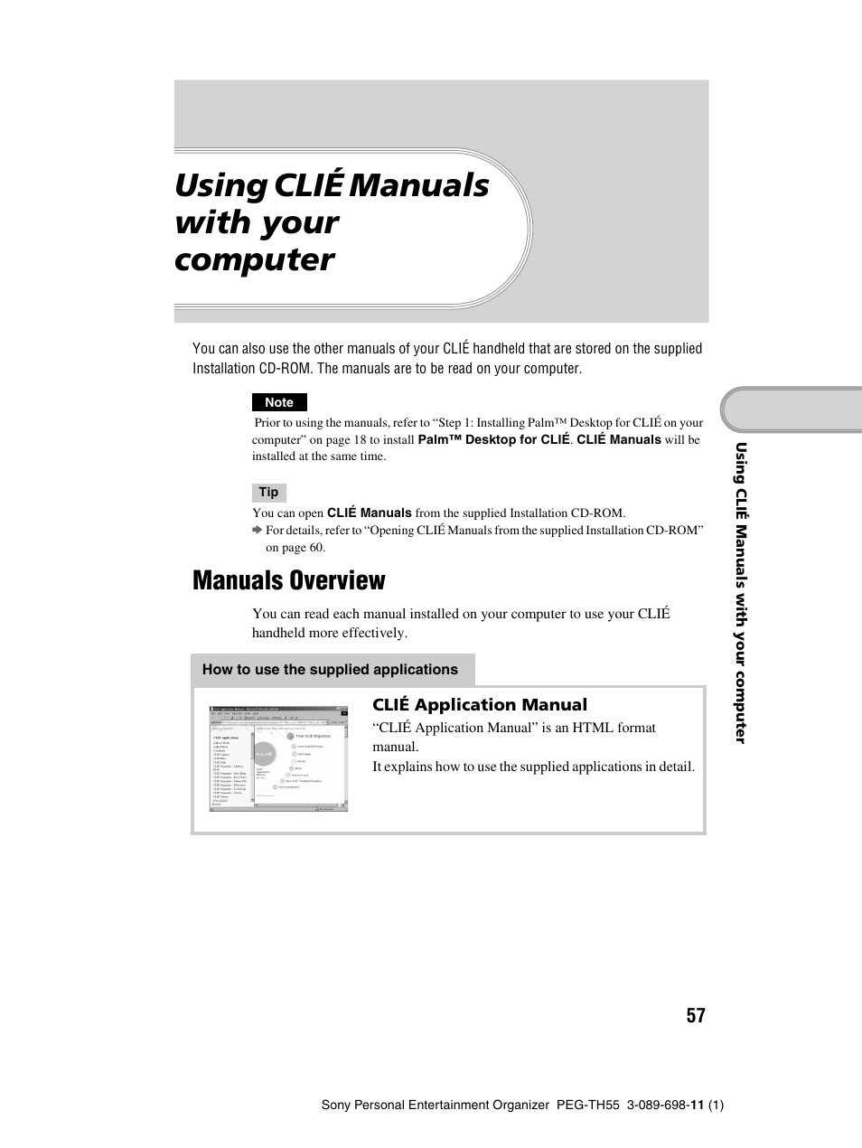 Using clié manuals with your computer, Manuals overview | Sony PEG-TH55 User Manual | Page 57 / 104